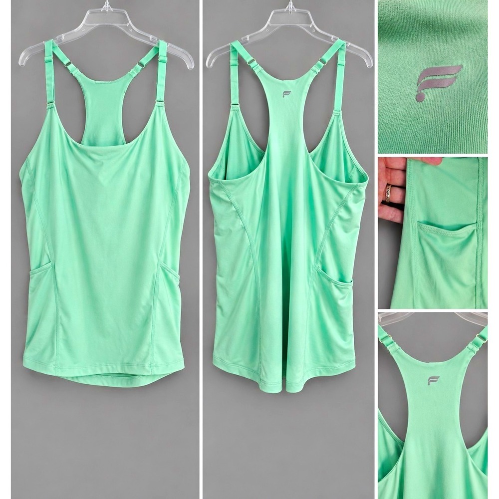 Fabletics On-The-Go Built-In Bra Tank Womens XL Tropical Water Mint Green Pocket